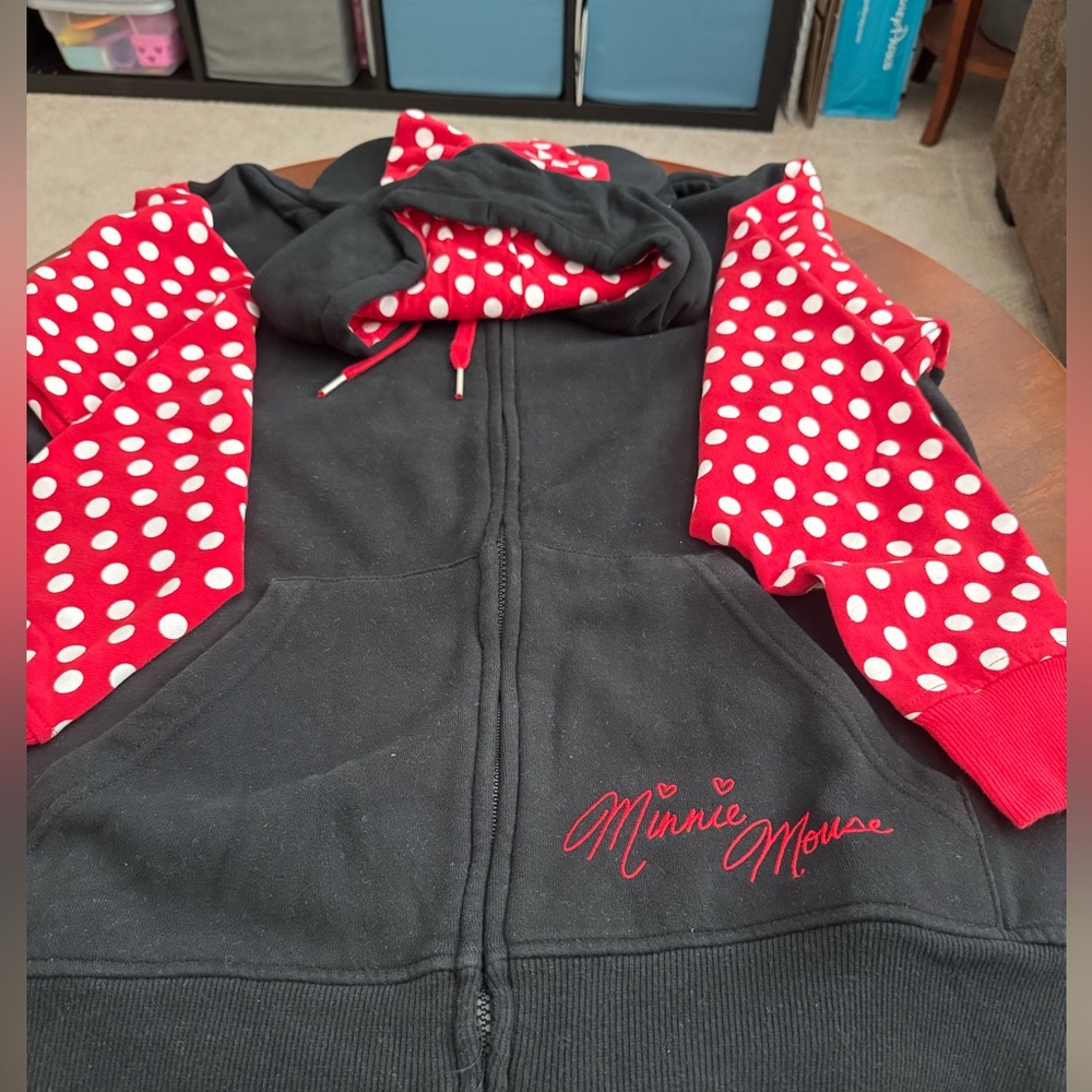 Disney Minnie Mouse Black Hoodie with Red Polka-Dot Sleeves